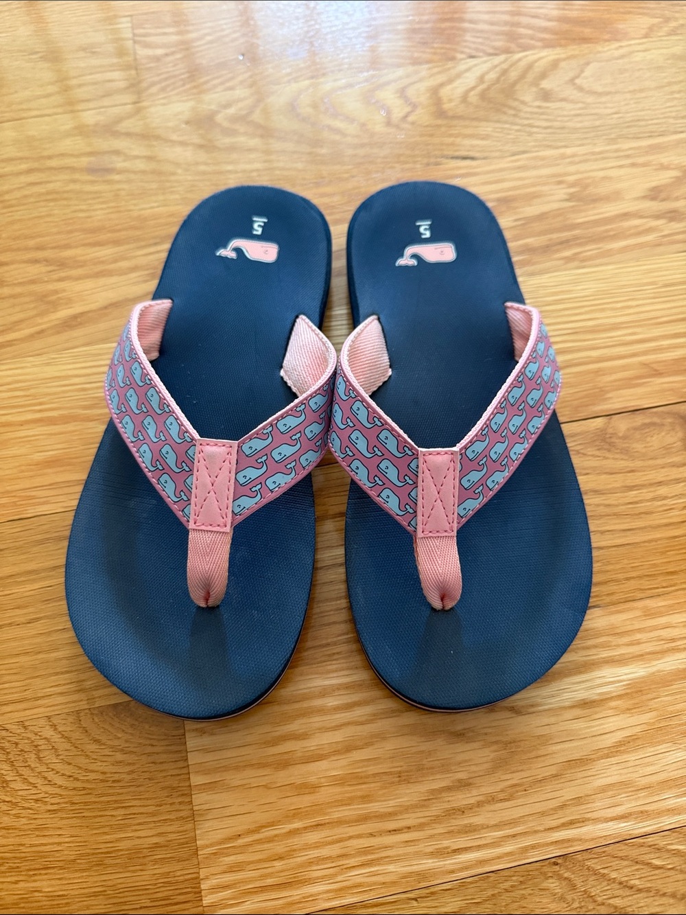 Vineyard Vines Navy and Pink Whale Flip Flops